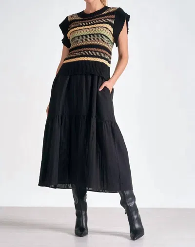 Elan Knit Top Midi Crew Neck Woven Top Dress In Black In Blue