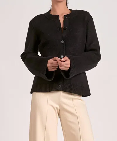 Elan Crewneck Flair Sleeve Button Up Sweater In Black