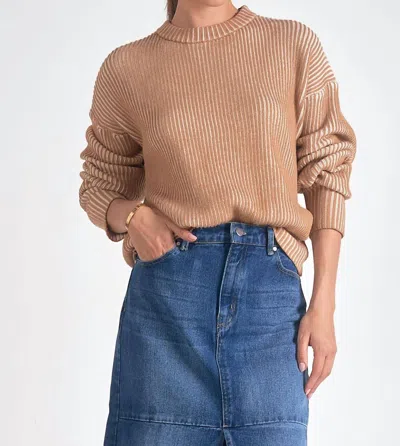 Elan Crewneck Ribbed Sweater In Tan / White