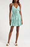 Elan Crinkle Textured Tiered Cover-up Sundress In Teal Categena Print