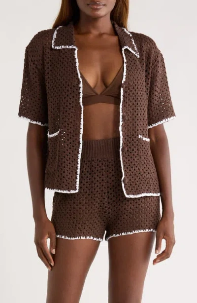Elan Crochet Button-up Cover-up In Brown