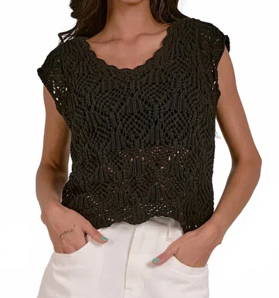 Elan Crochet Cap Sleeve Sweater In Black In Green