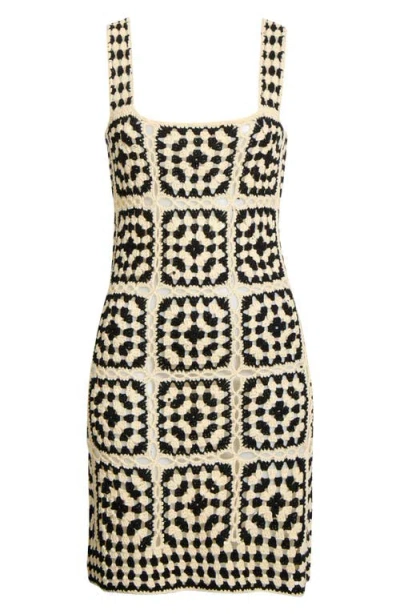 Elan Crochet Square Neck Swim Cover Up Dress In Black White Combo In Neutral