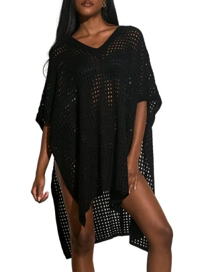 Elan Crochet Hooded Shawl Cover-up In Black