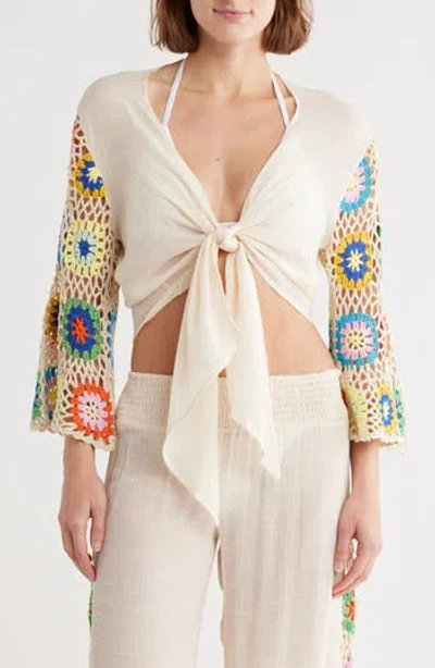 Elan Crochet Long Sleeve Tie Front Cover-up Top