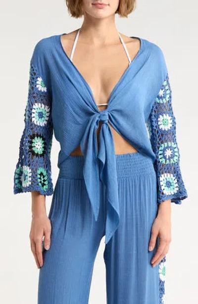 Elan Crochet Long Sleeve Tie Front Cover-up Top In Blue