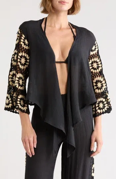 Elan Crochet Long Sleeve Tie Front Cover-up Top In Black