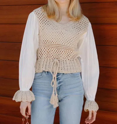 Elan Crochet Mixed Media Top In Beige