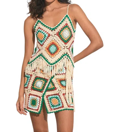 Elan Crochet Tank With Fringe Bottom In White Multi