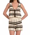 Elan Crochet Vest And Short Set In Natural Black Stripe