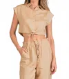 Elan Crop Linen-blend Button Up Top In Taupe In Multi