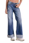 Elan Cuffed Bottom Denim Wash Wide Leg Jeans In Blue In Blue