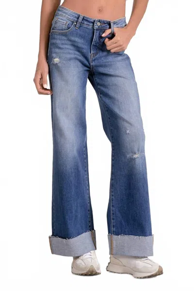 Elan Cuffed Bottom Denim Wash Wide Leg Jeans In Blue