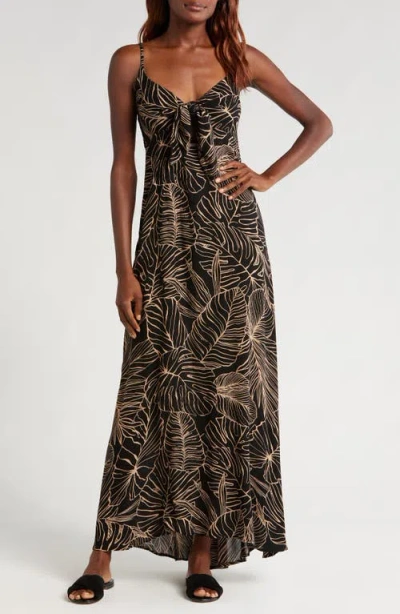 Elan Cutout Tie Front Maxi Cover-up Sundress In Black/natural Tropics