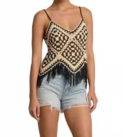 Elan Desert Fringe Crochet Tank In Black/beige In Brown