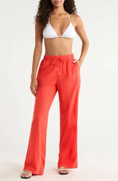 Elan Drawstring Wide Leg Cover-up Pants In Red