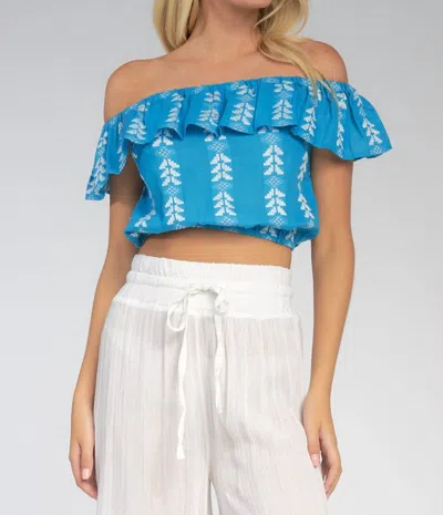 Elan Embroidered Ruffles Crop Top In Aqua White In Blue