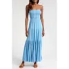 Elan Embroidered Stripe Strapless Tiered Dress In Blue