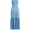 Elan Embroidered Stripe Strapless Tiered Dress In Blue/lilac Stripe