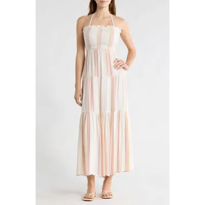 Elan Strapless Maxi Smock Dress In White Pink Stripe In Multi
