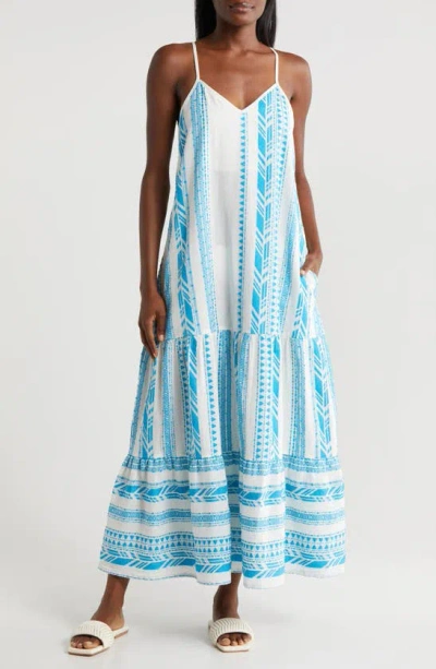 Elan Embroidered Tiered Cotton Blend Cover-up Maxi Dress In White/ Blue Print