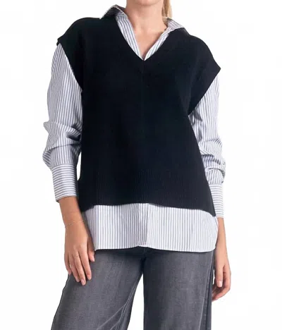 Elan Essex Sweater Vest Top In Black/stripe In Blue