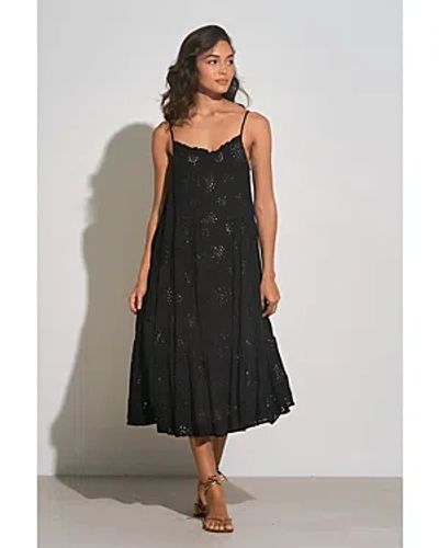 Elan Eyelet Tiered Midi Cover Up Dress In Black