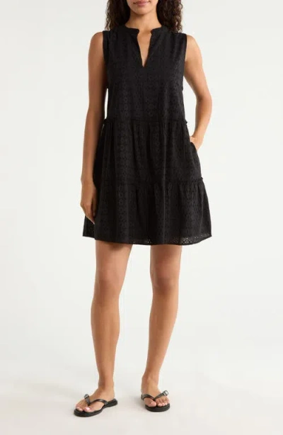 Elan Eyelet Tiered Sleeveless Cover-up Minidress In Black