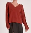 Elan Falling Fringe Sweater In Rust In Red