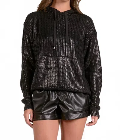 Elan Farrah Metallic Hoodie Sweater In Black In Brown
