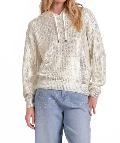 Elan Farrah Metallic Hoodie Sweater In White In Gold