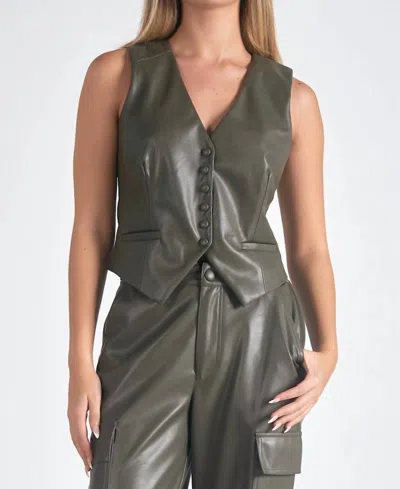 Elan Faux Leather Vest In Olive In Green