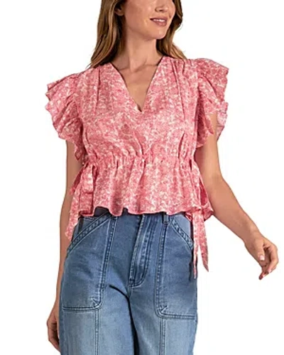 Elan Floral Ruffle Sleeve Side Tie Top In Pink Santa Fe