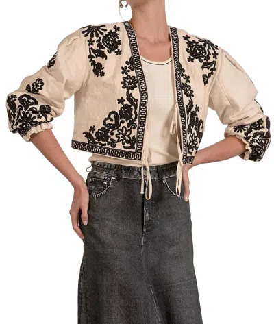 Elan Floral Stitch Puff Sleeve Jacket In Natural/black In Brown