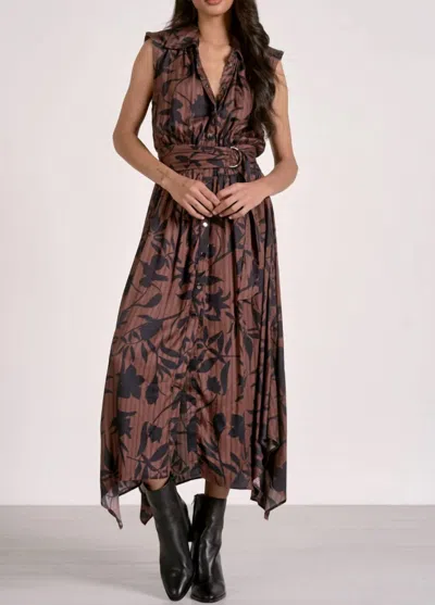 Elan Foilage Gathered Waist Midi Dress In Brown