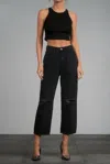 Elan Fray Hem Distressed Crop Jeans In Black Vintage In Black