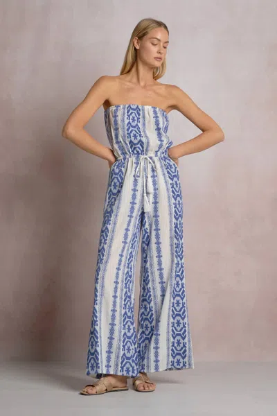 Elan Gardenia Strapless Jumpsuit In Natural/blue In Multi