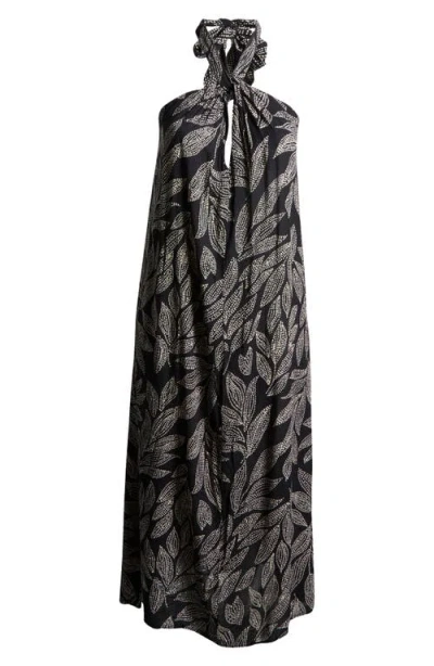 Elan Halter Neck Cover-up Maxi Dress In Black Catagena Print