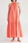 Elan Tiered Halter Maxi Dress In Coral