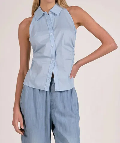 Elan Halter Neck Sleeveless Collared Button Down Top In Blue