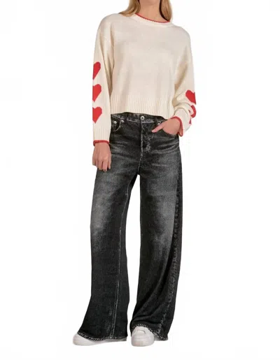Elan Heart Crewneck Sweater In Off White In Black