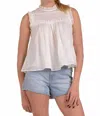 Elan High Neck Sleeveless Ruch Front Top In White In White