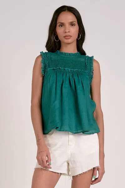 Elan High Neck Smocked Top In Emerald In Green