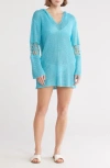 Elan Hooded Open Stitch Cover-up Tunic In Turquoise