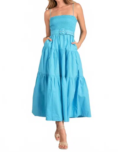 Elan Jillian Smocked Belted Midi Dress In Azure In Blue