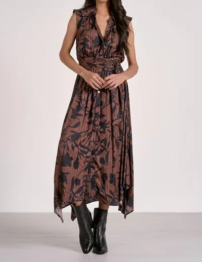 ELAN JULIETTE V NECK MAXI DRESS IN BROWN FOLIAGE