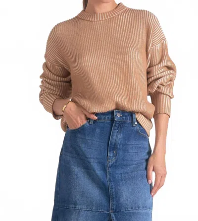 Elan Kendra Ribbed Crewneck Sweater In Tan/white In Brown