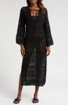 Elan Lace Knit Long Sleeve Cover-up Midi Dress In Black