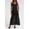 Elan Spaghetti Strap Crocheted Tiered Maxi Dress In Black
