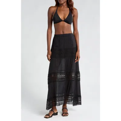 Elan Lace Trim Cotton Tiered Cover-up Skirt In Black